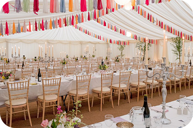 Bedecked wedding marquee decorations